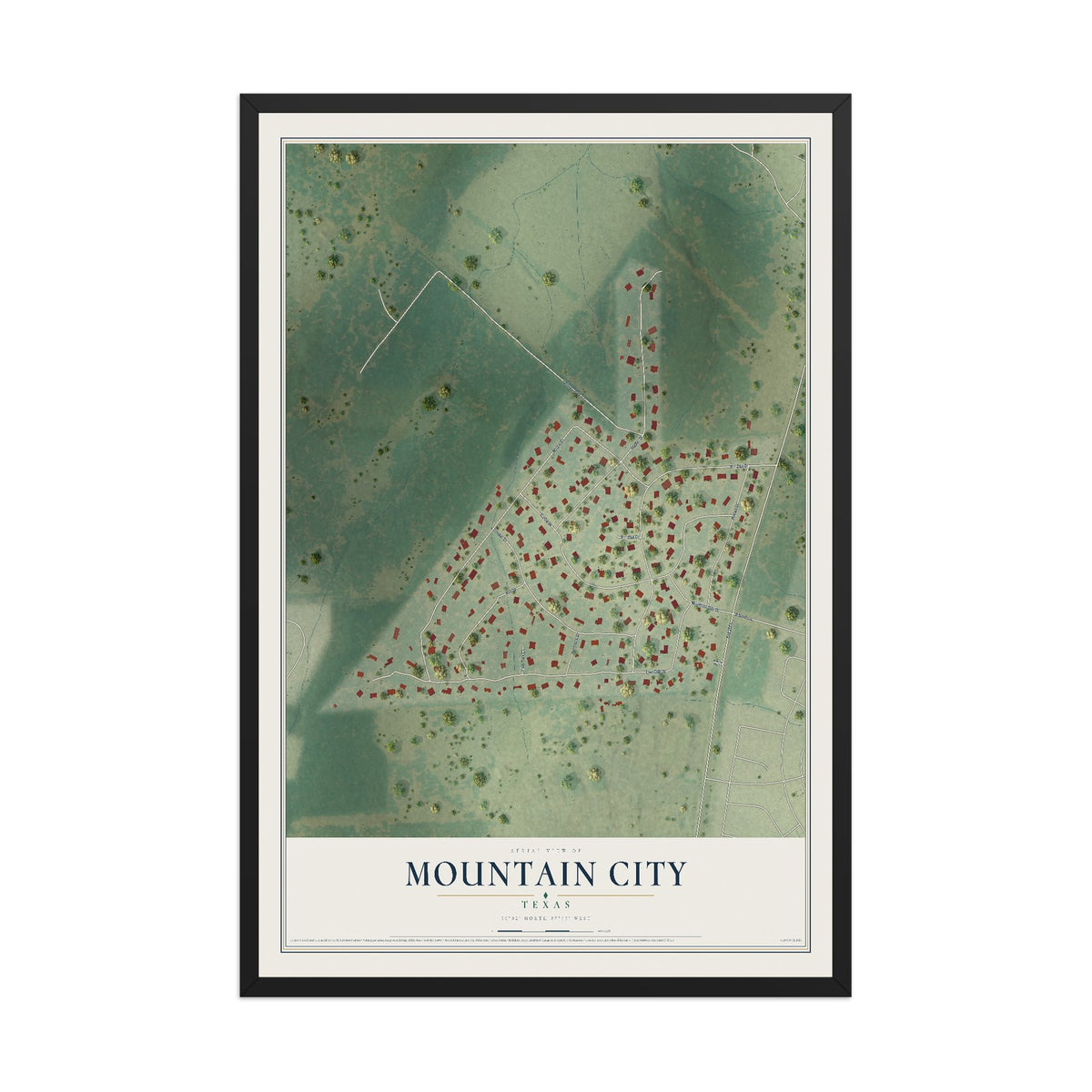 Map of Mountain City, Texas, 12 x 18 inch print in a black wood frame
