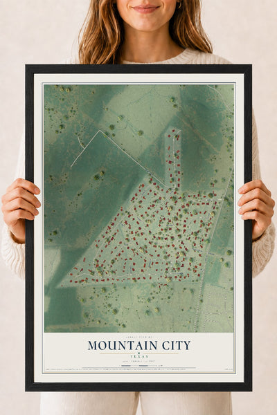 Map of Mountain City, Texas, 18 x 24 inch print in a black wood frame