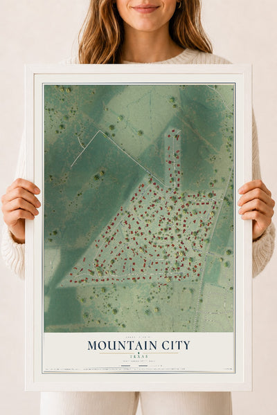 Map of Mountain City, Texas, 18 x 24 inch print in a white wood frame