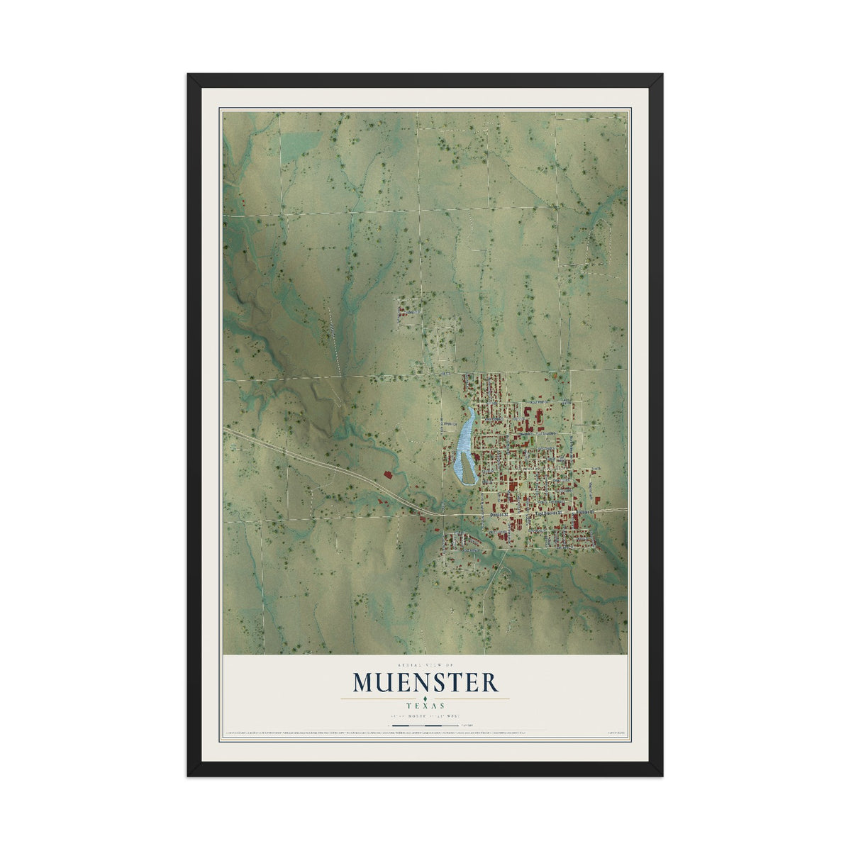 Map of Muenster, Texas, 12 x 18 inch print in a black wood frame