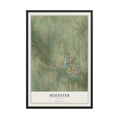 Map of Muenster, Texas, 12 x 18 inch print in a black wood frame