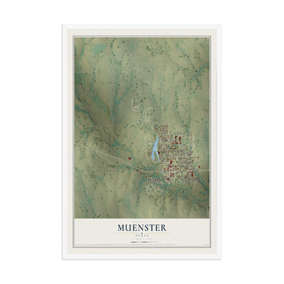 Map of Muenster, Texas, 12 x 18 inch print in a white wood frame