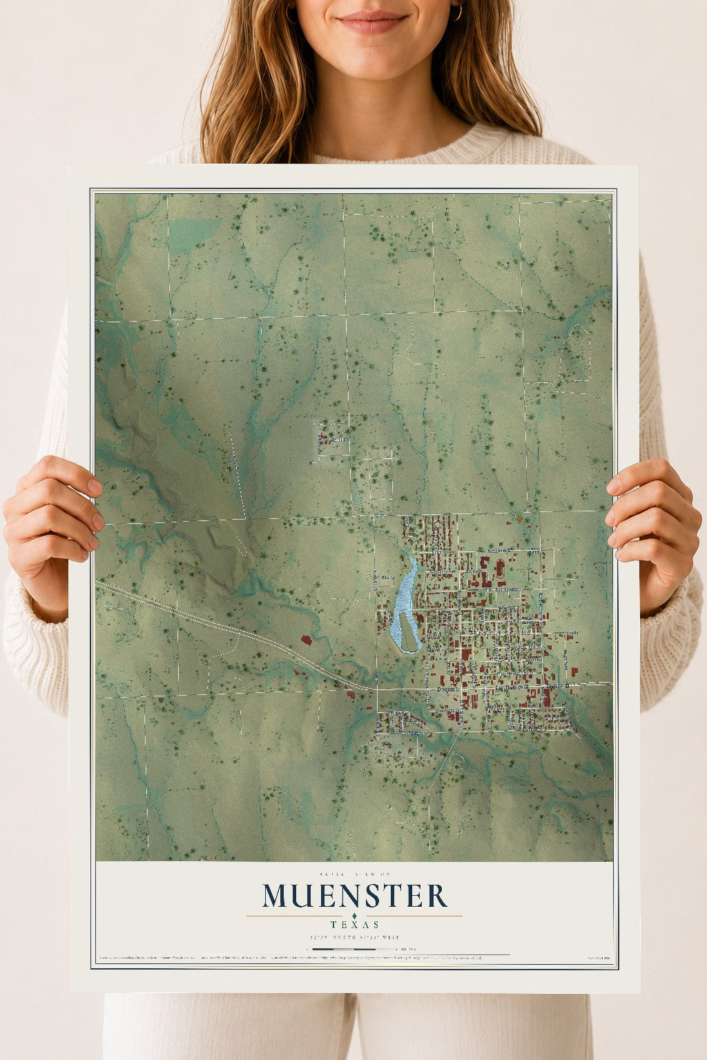 Map of Muenster, Texas, 18 x 24 inch unframed archival matte print