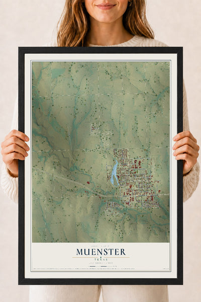 Map of Muenster, Texas, 18 x 24 inch print in a black wood frame