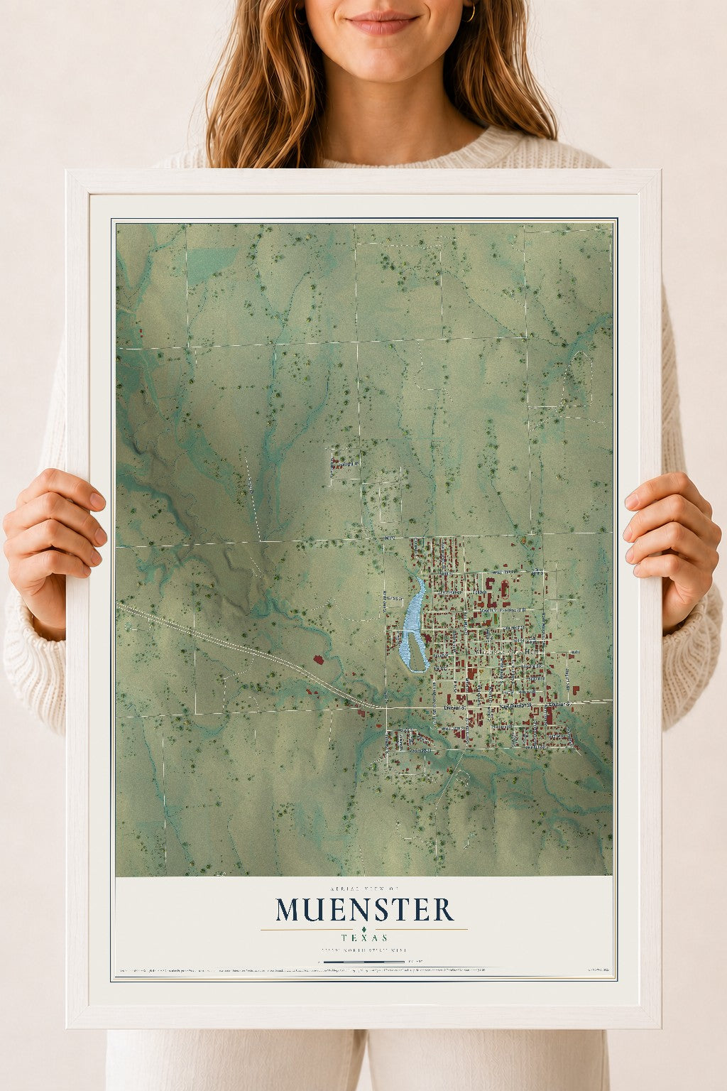 Map of Muenster, Texas, 18 x 24 inch print in a white wood frame
