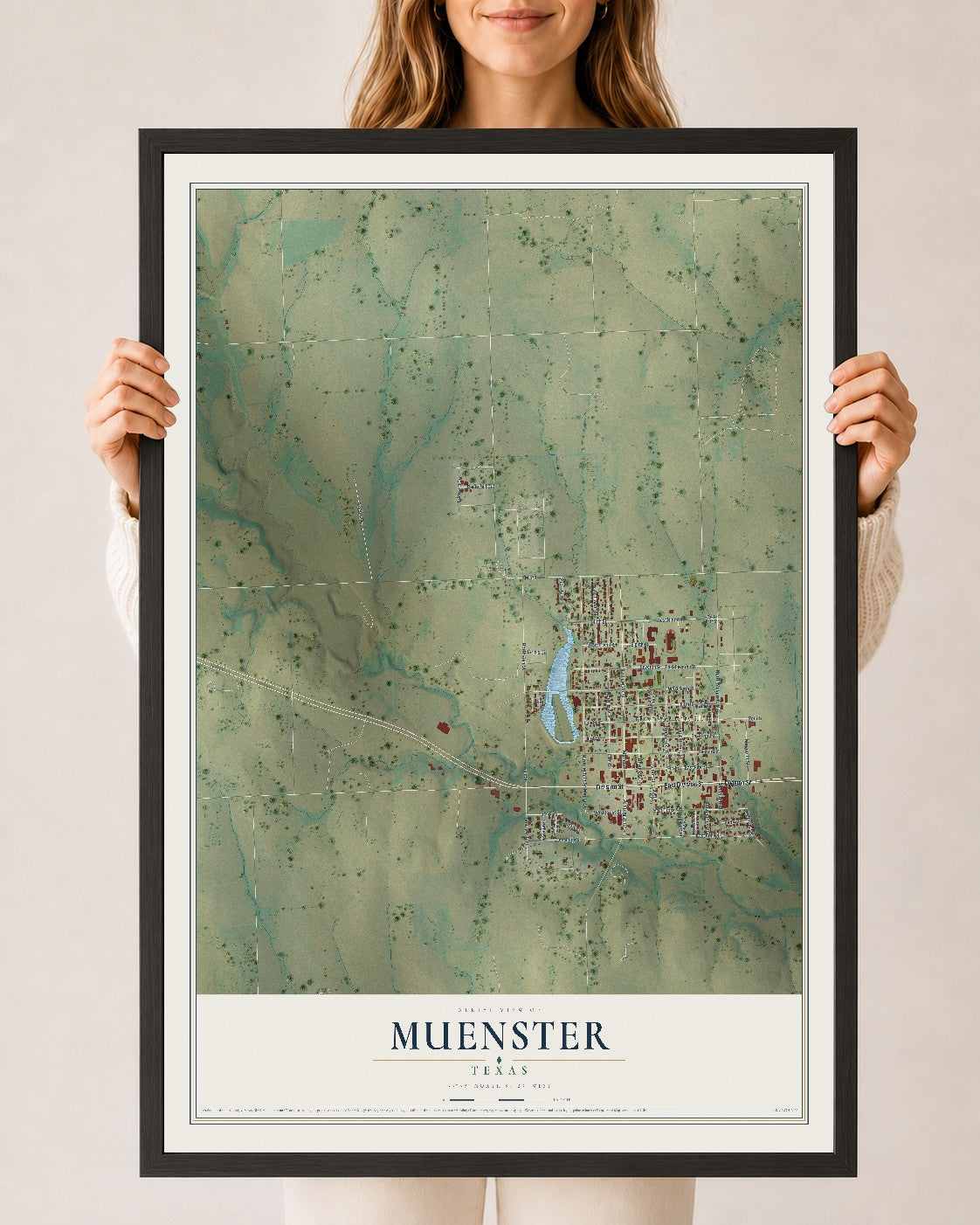 Map of Muenster, Texas, 24 x 36 inch print in a black wood frame