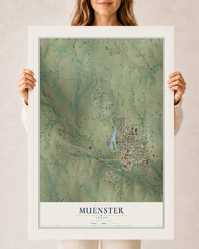 Map of Muenster, Texas, 24 x 36 inch print in a white wood frame