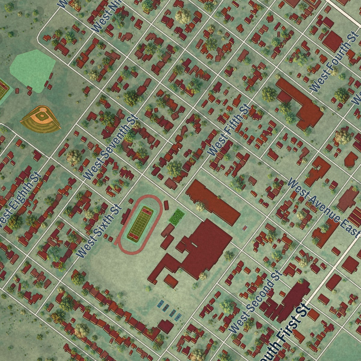 Close-up of the map of Muleshoe, Texas print showing street and building detail