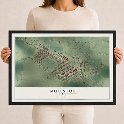 Map of Muleshoe, Texas, 12 x 18 inch print in a black wood frame
