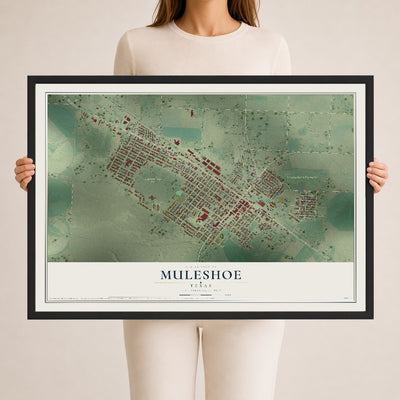 Map of Muleshoe, Texas, 24 x 36 inch print in a black wood frame