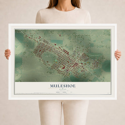 Map of Muleshoe, Texas, 24 x 36 inch print in a white wood frame