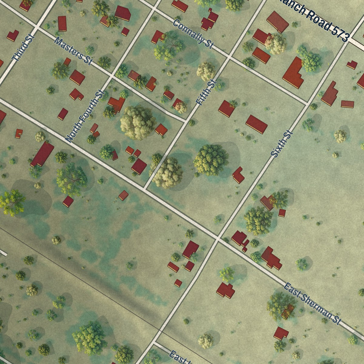 Close-up of the map of Mullin, Texas print showing street and building detail
