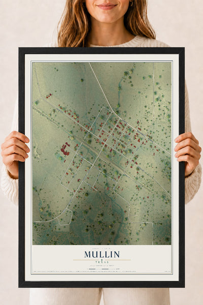 Map of Mullin, Texas, 18 x 24 inch print in a black wood frame