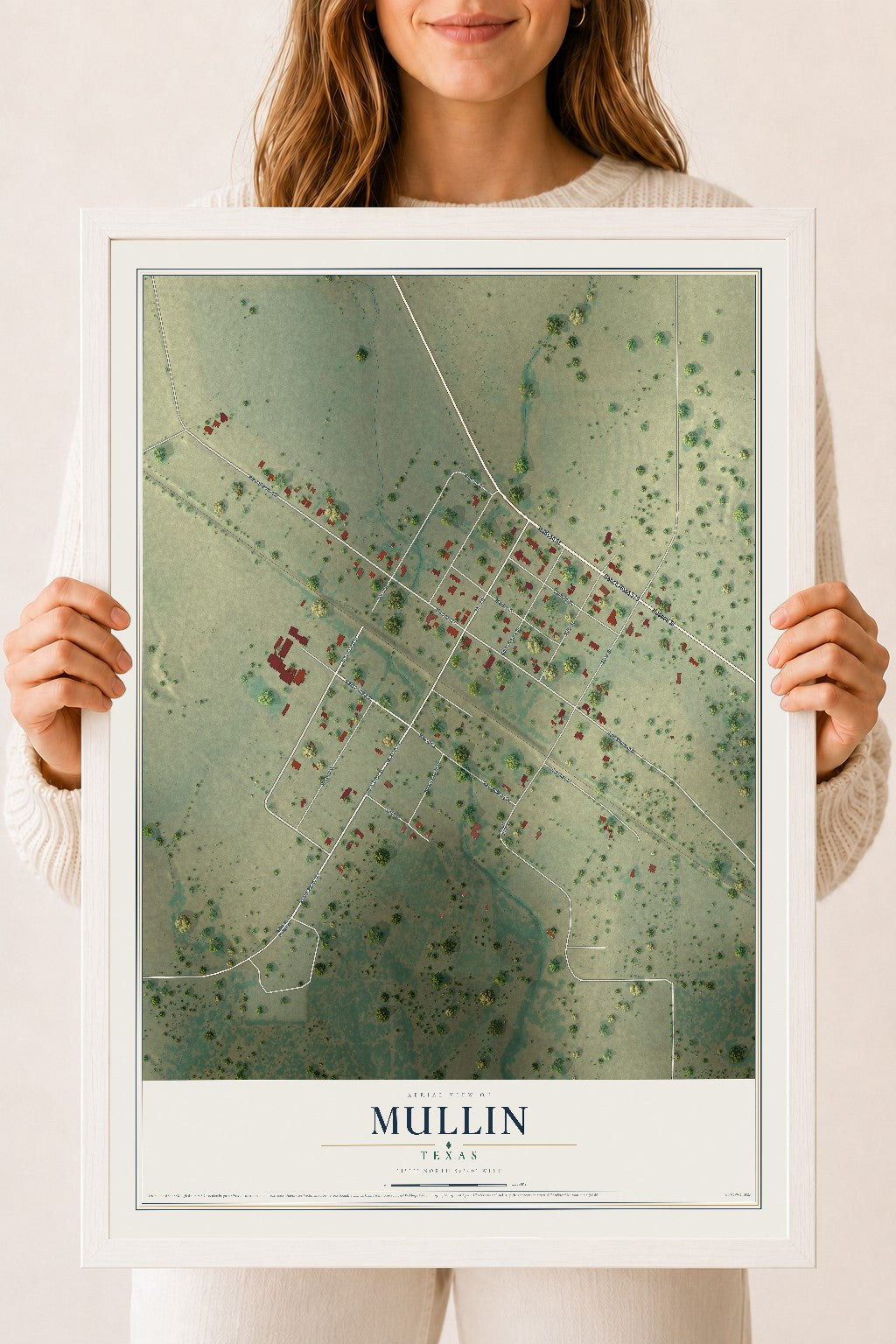 Map of Mullin, Texas, 18 x 24 inch print in a white wood frame