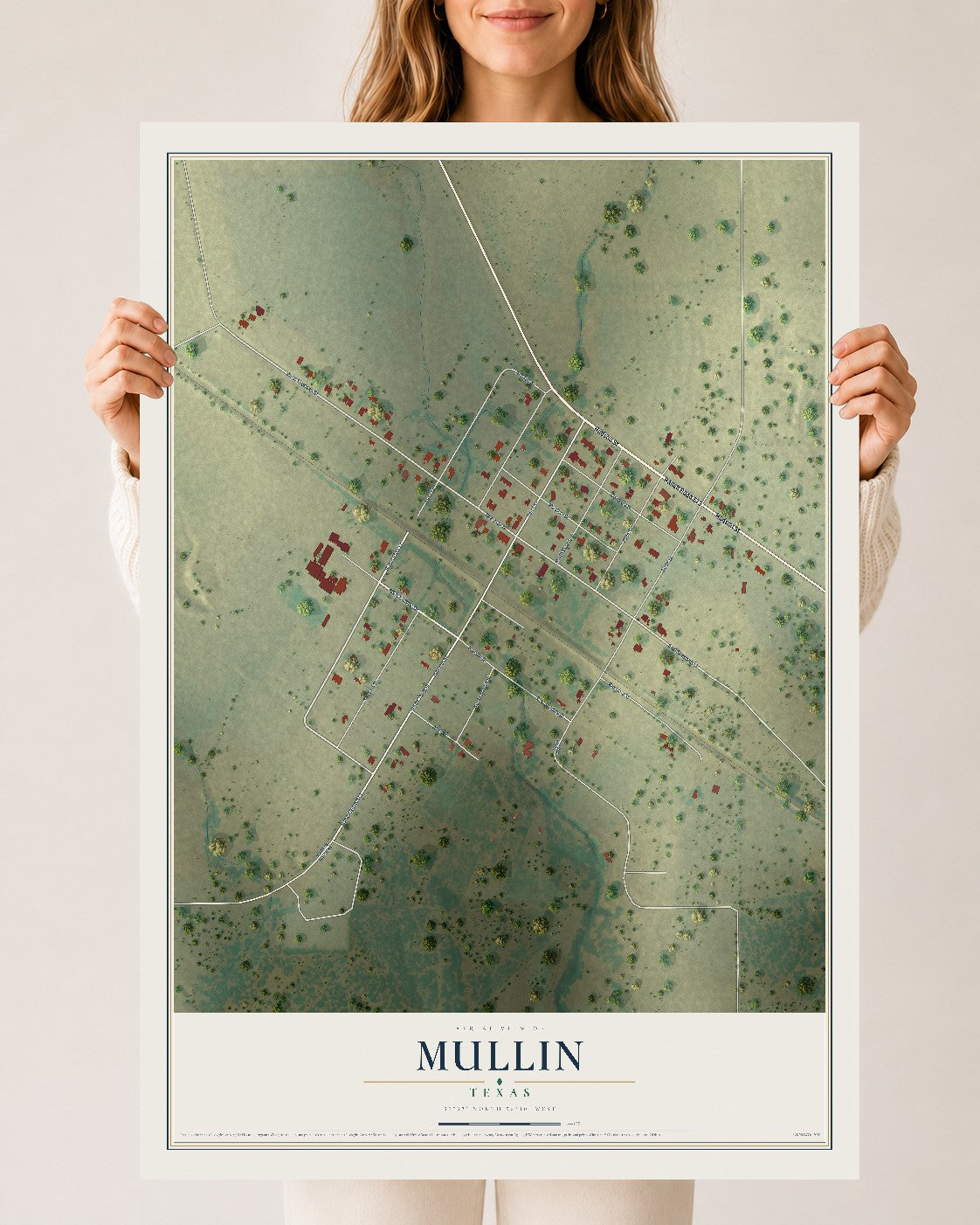 Map of Mullin, Texas, 24 x 36 inch unframed archival matte print