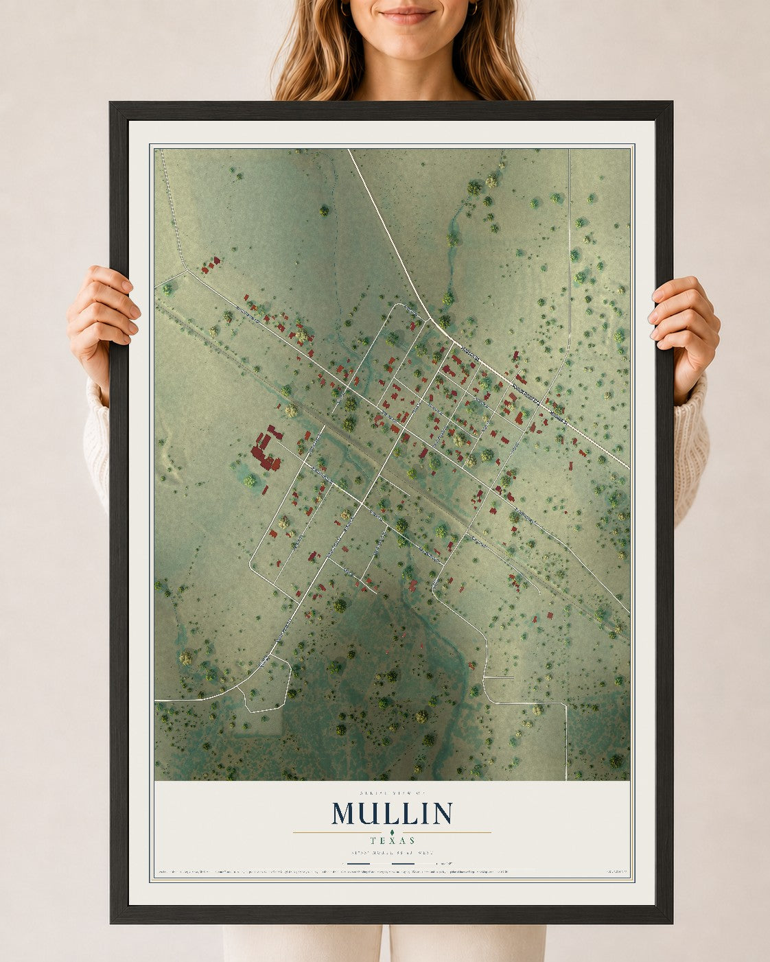 Map of Mullin, Texas, 24 x 36 inch print in a black wood frame