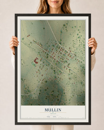 Map of Mullin, Texas, 24 x 36 inch print in a black wood frame