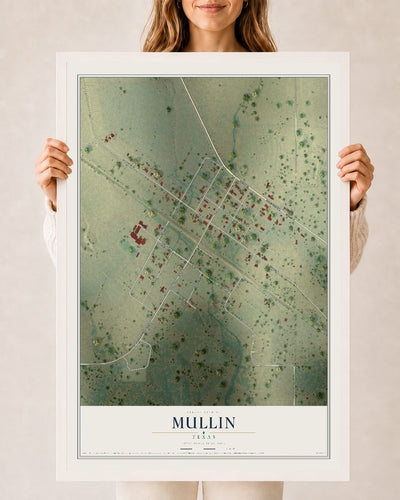 Map of Mullin, Texas, 24 x 36 inch print in a white wood frame
