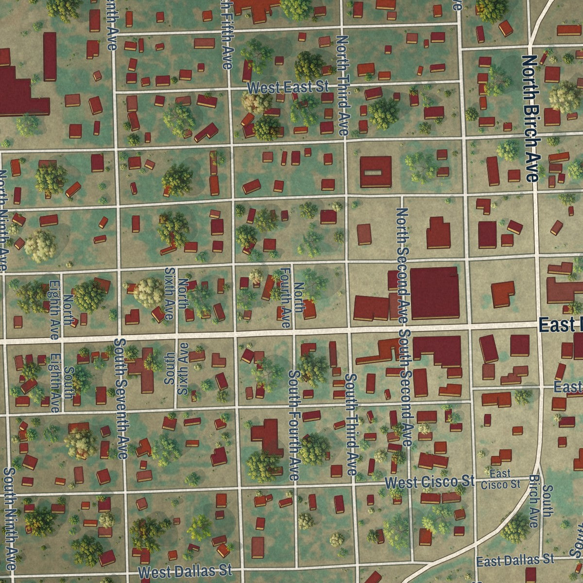 Close-up of the map of Munday, Texas print showing street and building detail