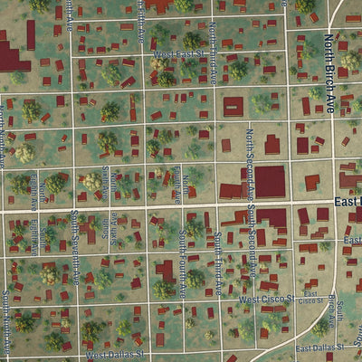 Close-up of the map of Munday, Texas print showing street and building detail