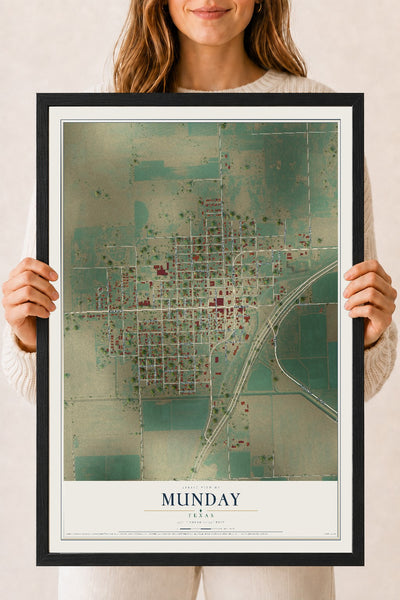 Map of Munday, Texas, 18 x 24 inch print in a black wood frame