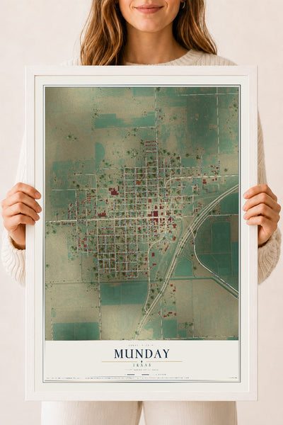 Map of Munday, Texas, 18 x 24 inch print in a white wood frame