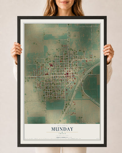 Map of Munday, Texas, 24 x 36 inch print in a black wood frame