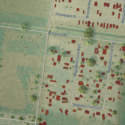 Close-up of the map of Muniz, Texas print showing street and building detail