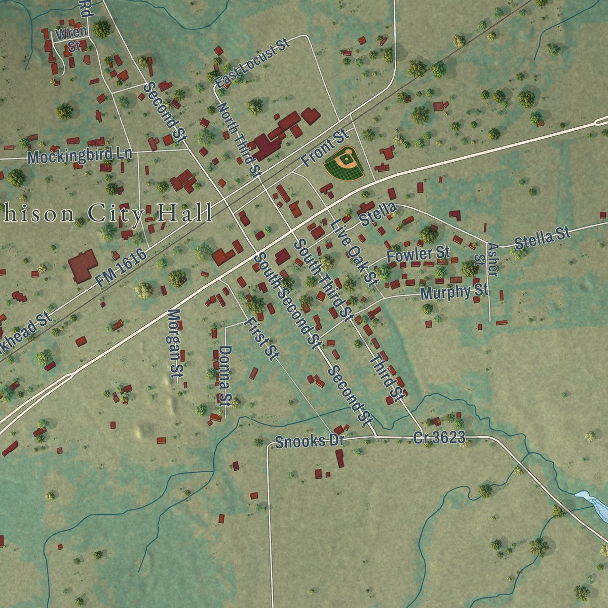 Close-up of the map of Murchison, Texas print showing street and building detail