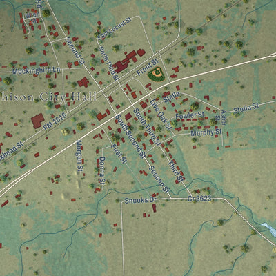 Close-up of the map of Murchison, Texas print showing street and building detail