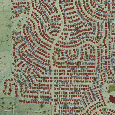 Close-up of the map of Murphy, Texas print showing street and building detail