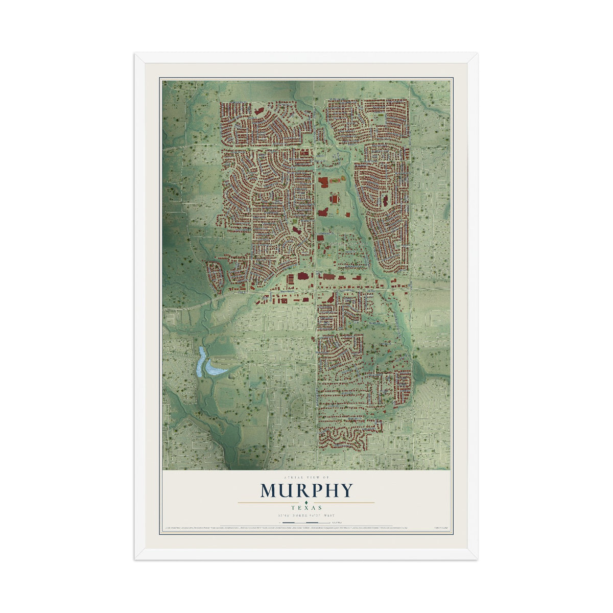 Map of Murphy, Texas, 12 x 18 inch print in a white wood frame