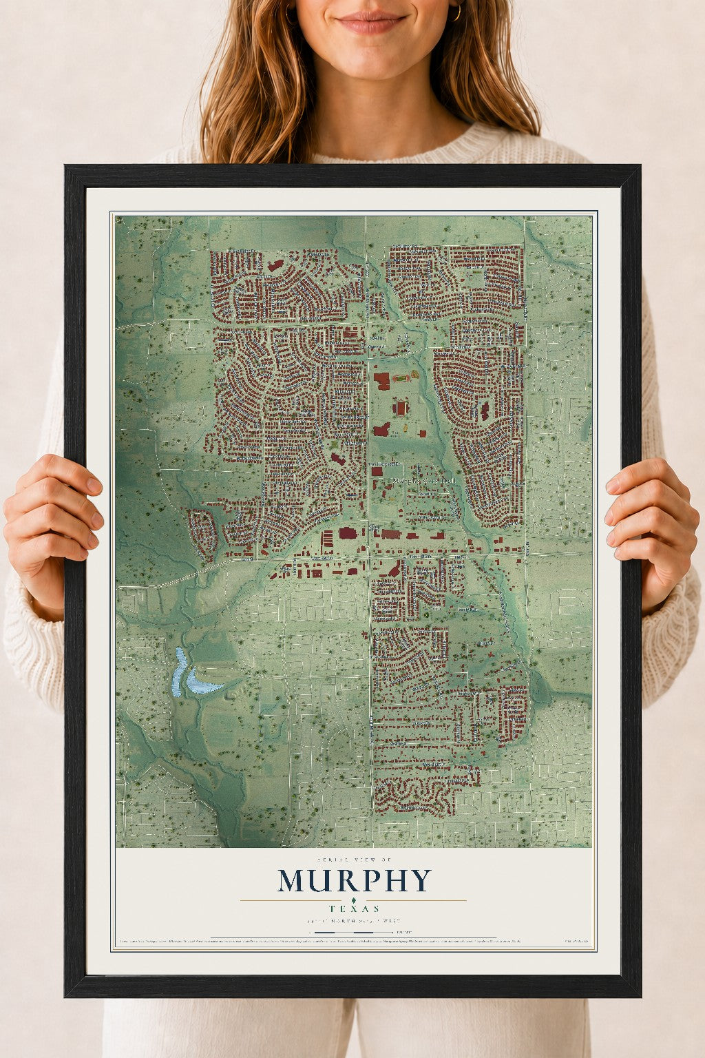 Map of Murphy, Texas, 18 x 24 inch print in a black wood frame
