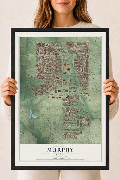 Map of Murphy, Texas, 18 x 24 inch print in a black wood frame