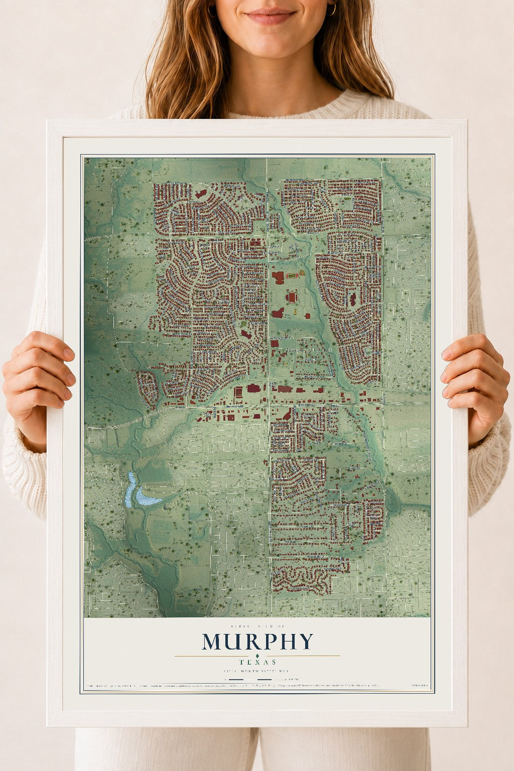 Map of Murphy, Texas, 18 x 24 inch print in a white wood frame