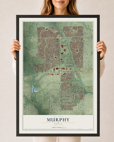 Map of Murphy, Texas, 24 x 36 inch print in a black wood frame
