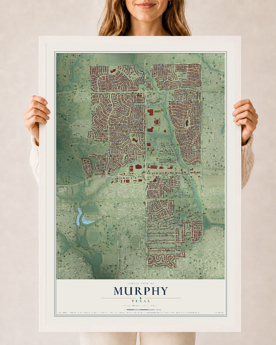 Map of Murphy, Texas, 24 x 36 inch print in a white wood frame