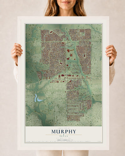 Map of Murphy, Texas, 24 x 36 inch print in a white wood frame