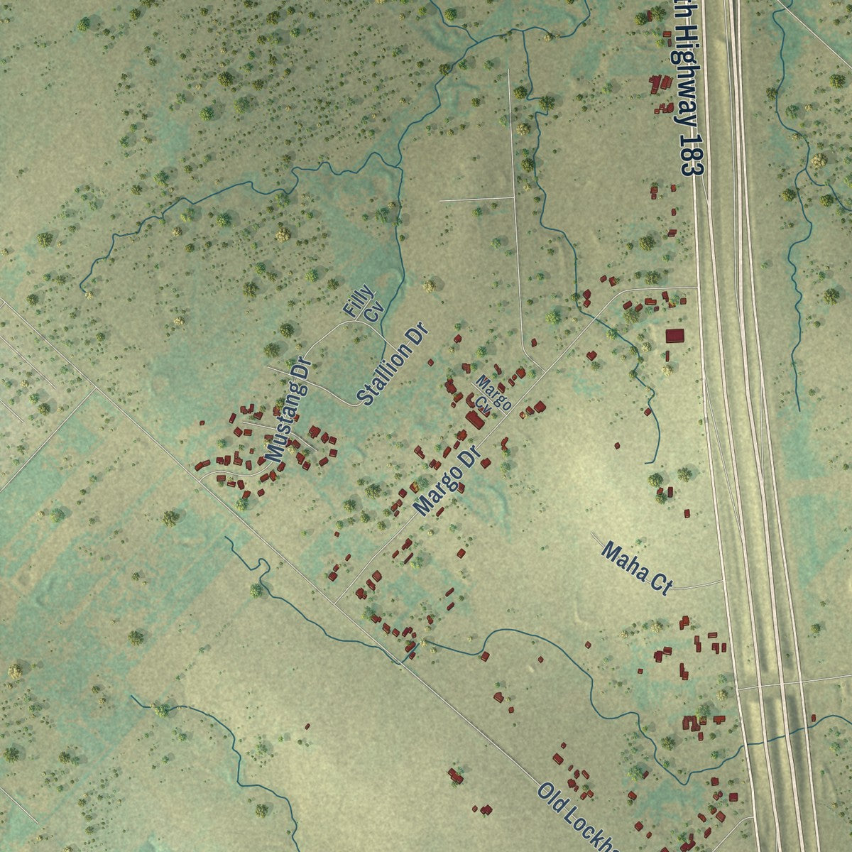 Close-up of the map of Mustang Ridge, Texas print showing street and building detail