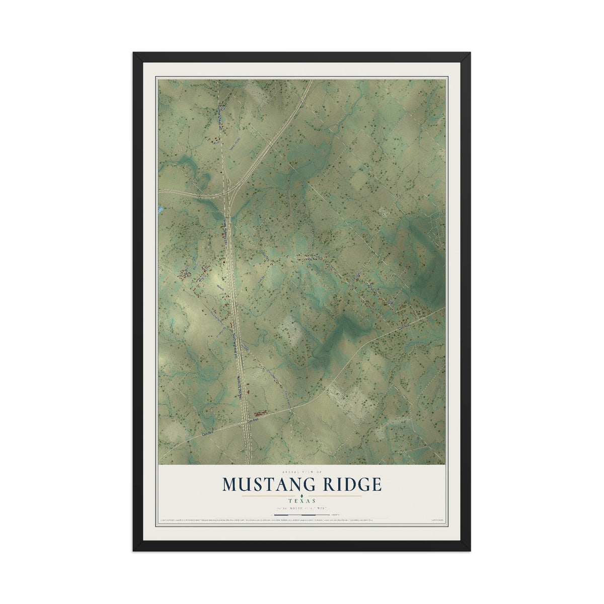 Map of Mustang Ridge, Texas, 12 x 18 inch print in a black wood frame