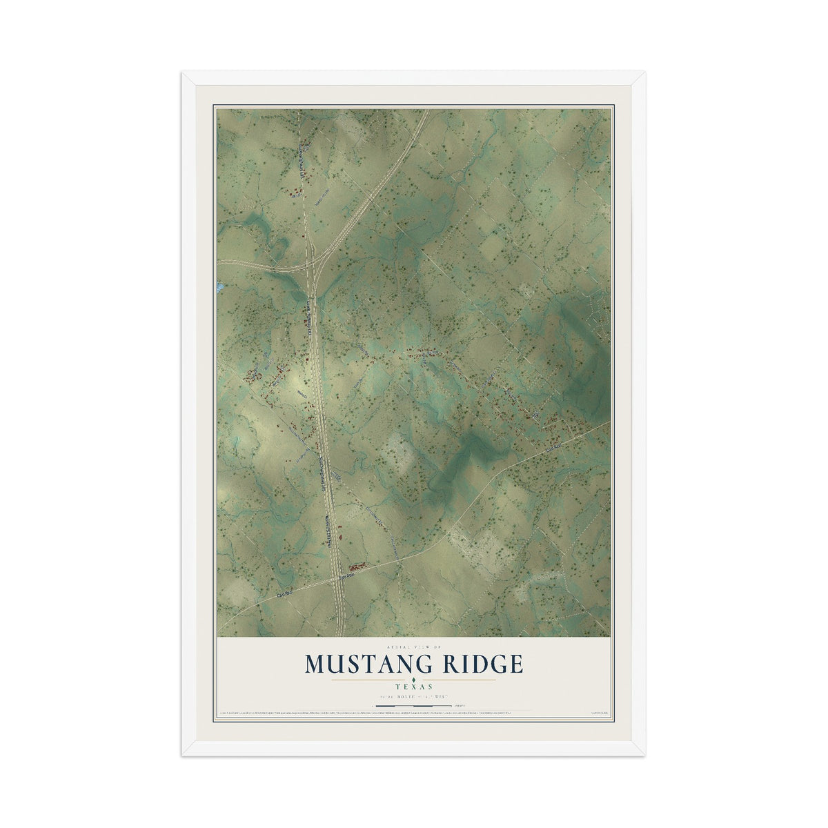 Map of Mustang Ridge, Texas, 12 x 18 inch print in a white wood frame