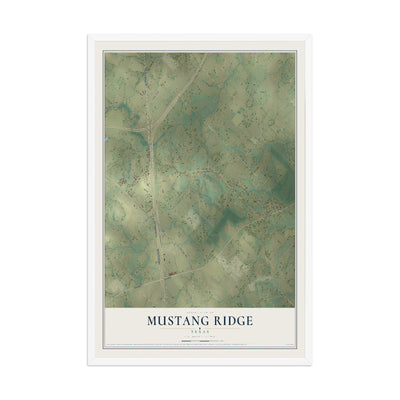 Map of Mustang Ridge, Texas, 12 x 18 inch print in a white wood frame
