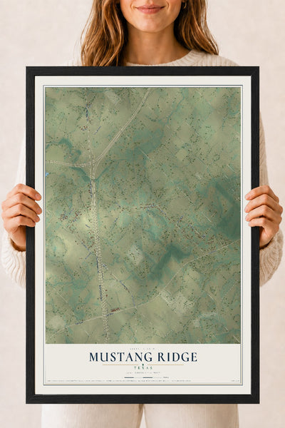 Map of Mustang Ridge, Texas, 18 x 24 inch print in a black wood frame