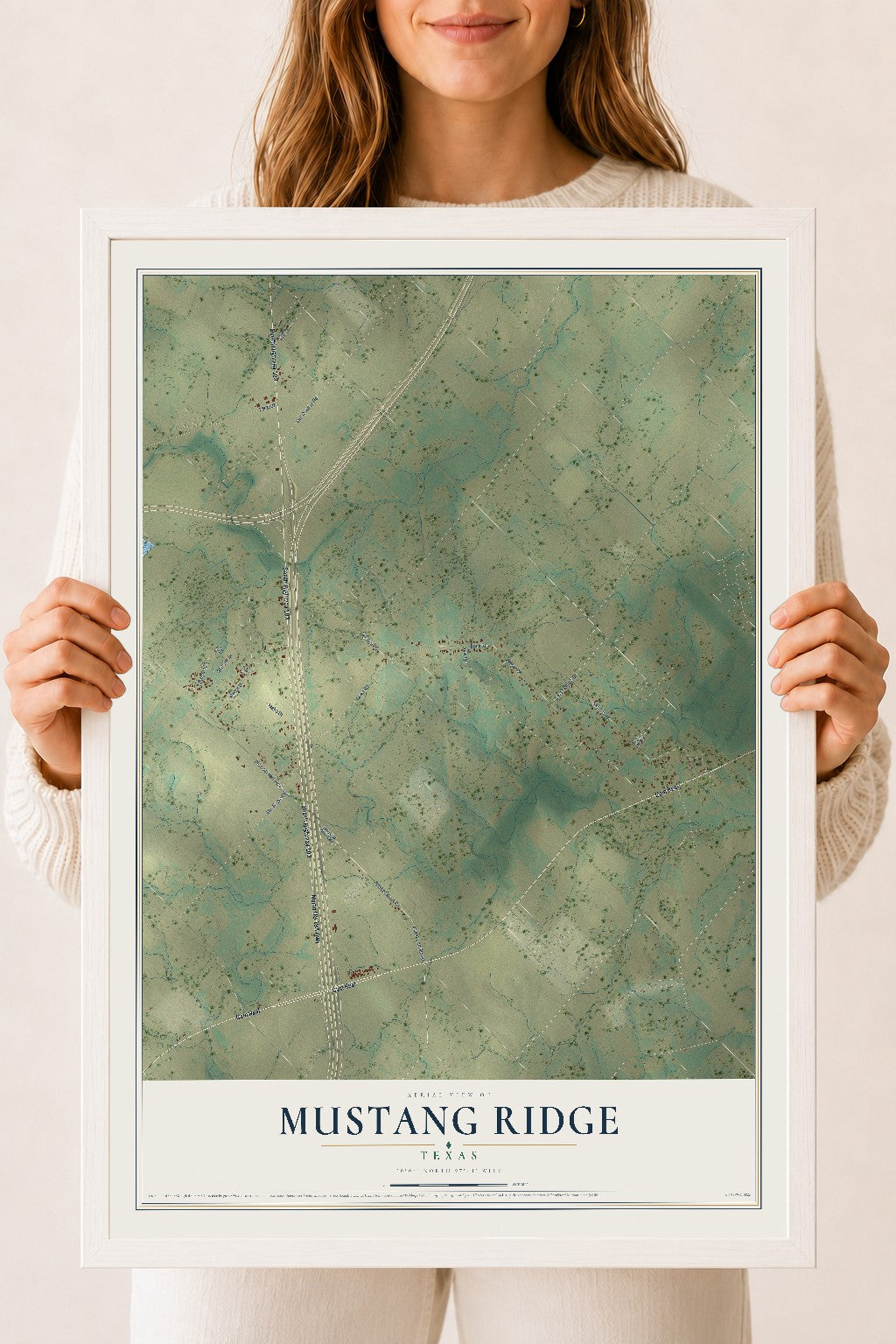 Map of Mustang Ridge, Texas, 18 x 24 inch print in a white wood frame