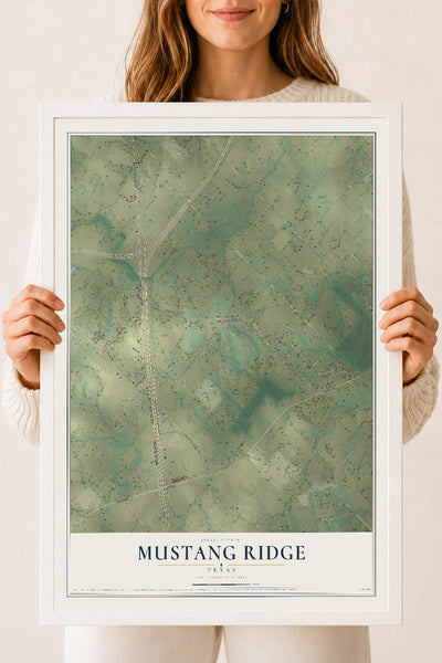Map of Mustang Ridge, Texas, 18 x 24 inch print in a white wood frame