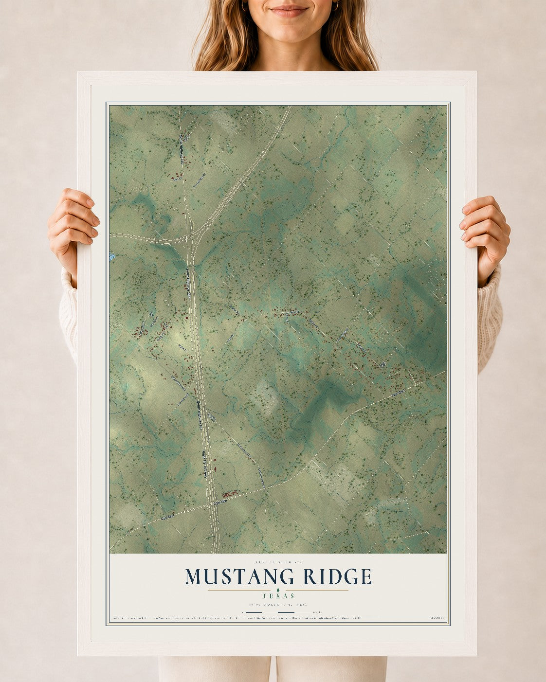 Map of Mustang Ridge, Texas, 24 x 36 inch print in a white wood frame