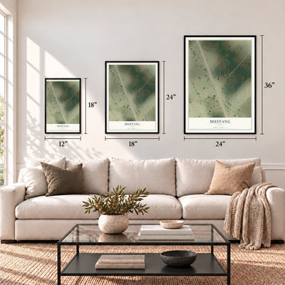 Mustang, Texas map in 12 x 18, 18 x 24 and 24 x 36 inch sizes above a sofa