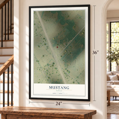 Mustang, Texas map, 24 x 36 inch print in a black frame by a staircase