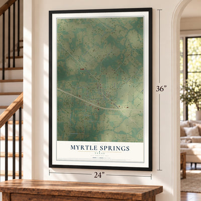 Myrtle Springs, Texas map, 24 x 36 inch print in a black frame by a staircase
