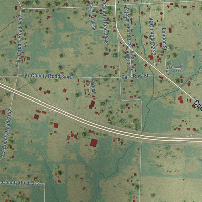 Close-up of the map of Myrtle Springs, Texas print showing street and building detail
